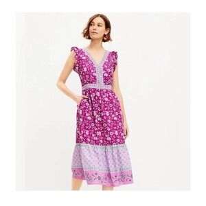 LOFT Border Ruffle Dress Women 10 Boho Tiered Ruffle Sleeveless Cottagecore